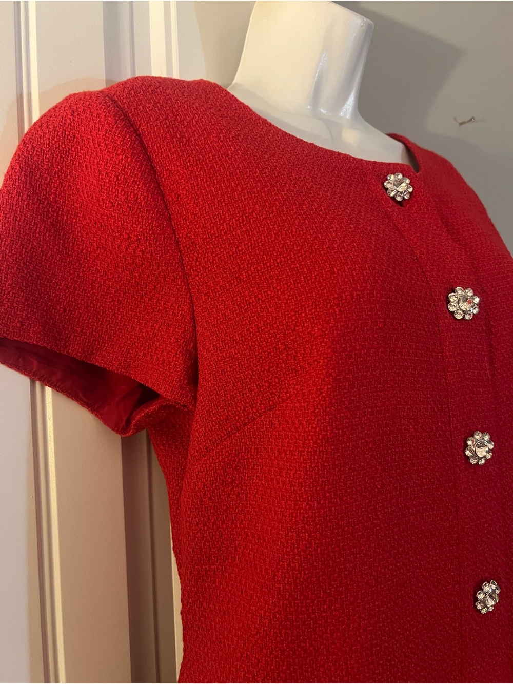 J.Crew Holiday Red Bouclé/Tweed-Texture Dress Crystal Jeweled floral buttons - Picture 6 of 14